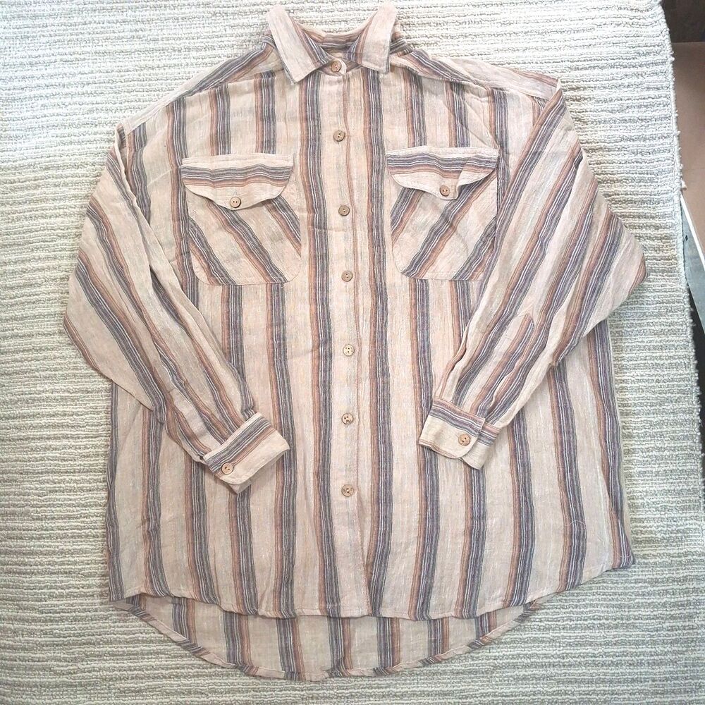 small vtg style new york brown striped textured oversized button up shirt women